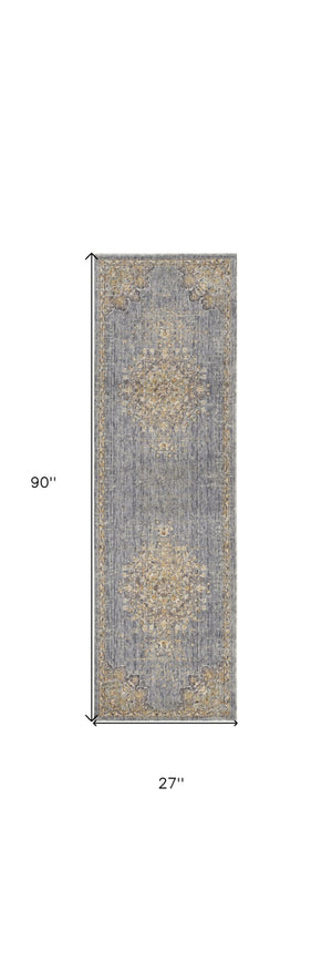 HomeRoots 8' Wool Medallion Distressed Runner Rug in Slate Gray and Orange - Vintage Charm for Any Space 8' Runner 375298