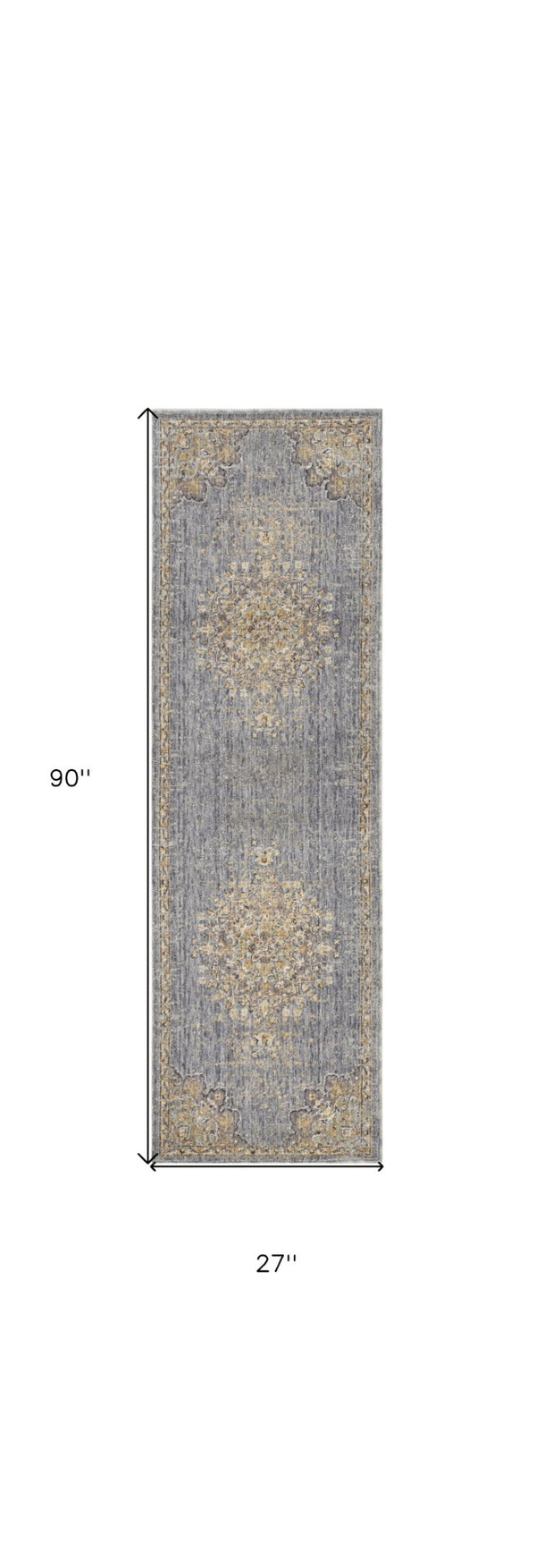 HomeRoots 8' Wool Medallion Distressed Runner Rug in Slate Gray and Orange - Vintage Charm for Any Space 8' Runner 375298
