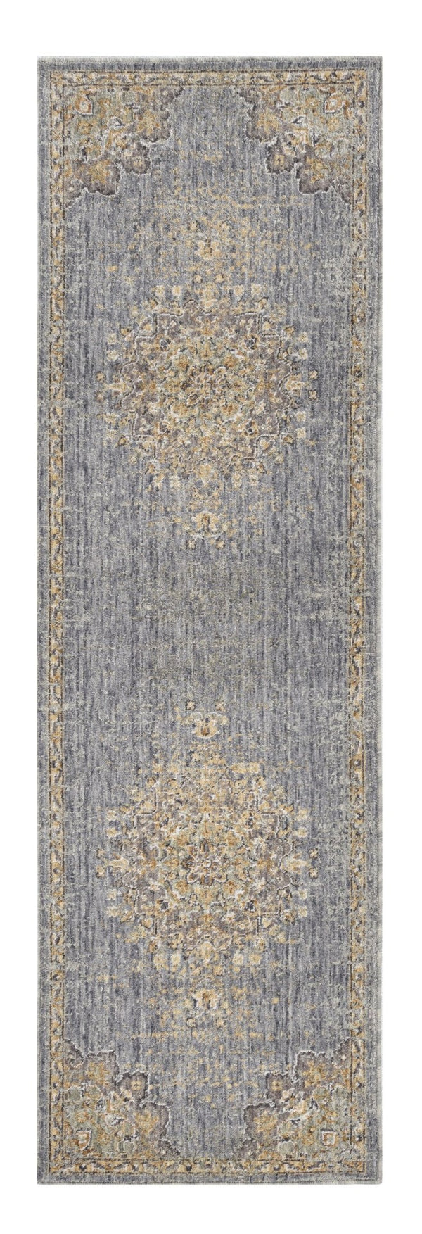 HomeRoots 8' Wool Medallion Distressed Runner Rug in Slate Gray and Orange - Vintage Charm for Any Space 8' Runner 375298