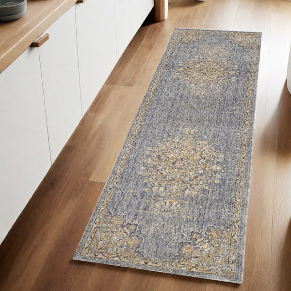 HomeRoots 8' Wool Medallion Distressed Runner Rug in Slate Gray and Orange - Vintage Charm for Any Space 8' Runner 375298