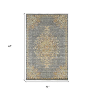HomeRoots 8' Wool Medallion Distressed Runner Rug in Slate Gray and Orange - Vintage Charm for Any Space 3' X 5' 375299