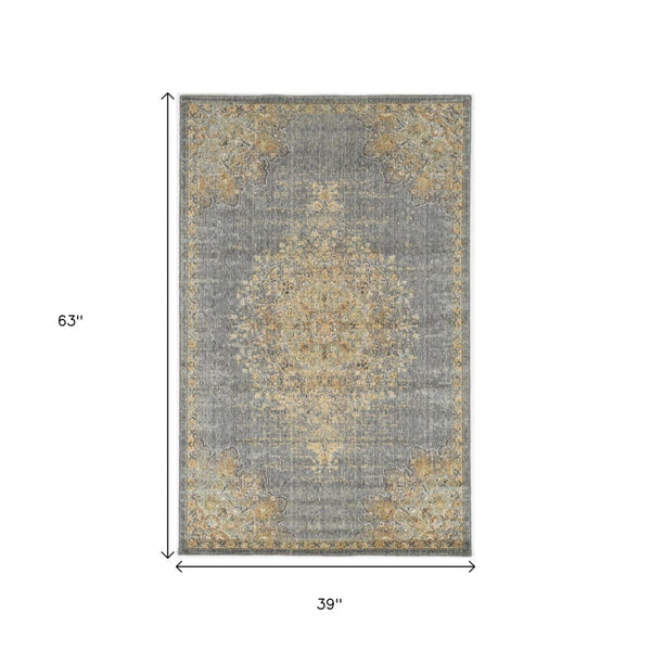 HomeRoots 8' Wool Medallion Distressed Runner Rug in Slate Gray and Orange - Vintage Charm for Any Space 3' X 5' 375299