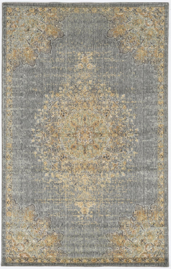 HomeRoots 8' Wool Medallion Distressed Runner Rug in Slate Gray and Orange - Vintage Charm for Any Space 3' X 5' 375299