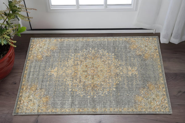 HomeRoots 8' Wool Medallion Distressed Runner Rug in Slate Gray and Orange - Vintage Charm for Any Space 3' X 5' 375299