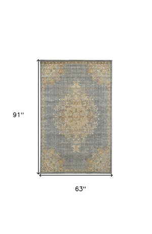 HomeRoots 8' Wool Medallion Distressed Runner Rug in Slate Gray and Orange - Vintage Charm for Any Space 5' X 8' 375300