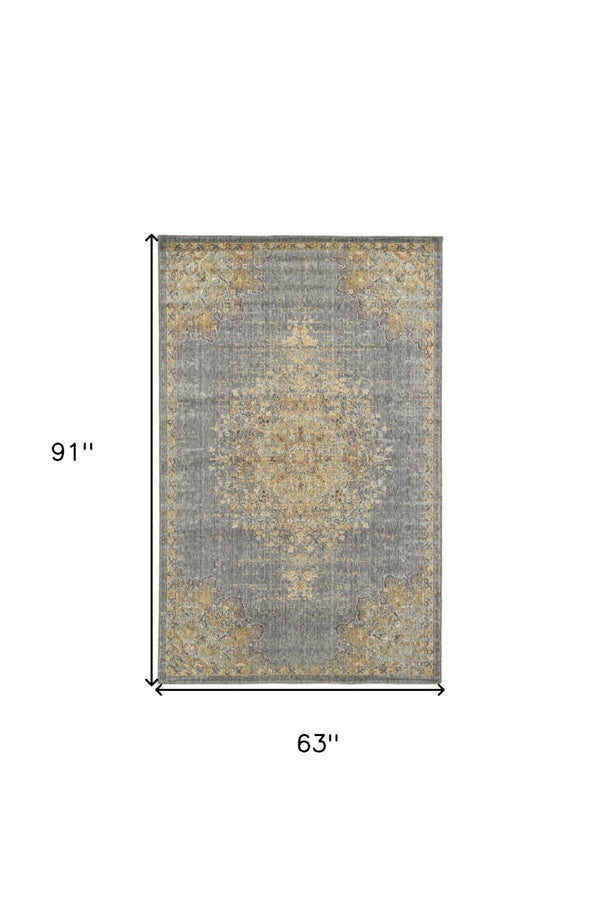 HomeRoots 8' Wool Medallion Distressed Runner Rug in Slate Gray and Orange - Vintage Charm for Any Space 5' X 8' 375300