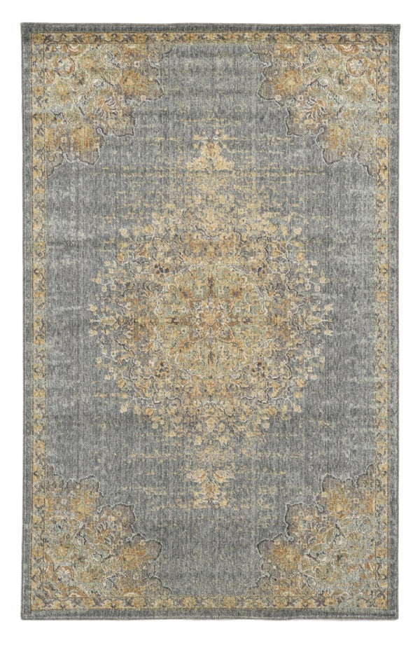 HomeRoots 8' Wool Medallion Distressed Runner Rug in Slate Gray and Orange - Vintage Charm for Any Space 5' X 8' 375300