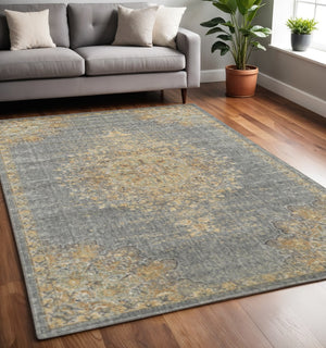HomeRoots 8' Wool Medallion Distressed Runner Rug in Slate Gray and Orange - Vintage Charm for Any Space 5' X 8' 375300