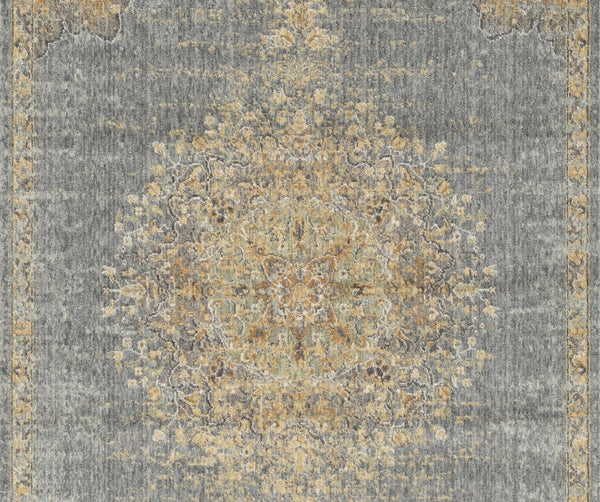 HomeRoots 8' Wool Medallion Distressed Runner Rug in Slate Gray and Orange - Vintage Charm for Any Space 7' X 10' 375301