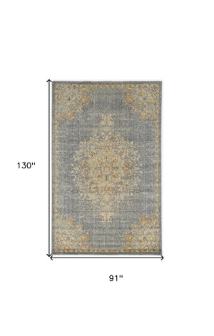 HomeRoots 8' Wool Medallion Distressed Runner Rug in Slate Gray and Orange - Vintage Charm for Any Space 7' X 10' 375301