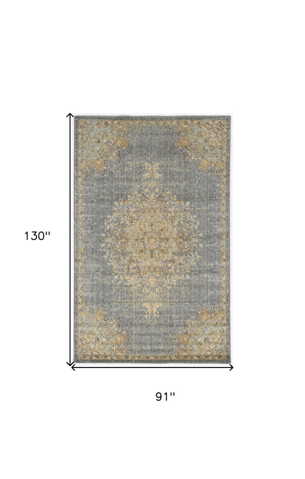 HomeRoots 8' Wool Medallion Distressed Runner Rug in Slate Gray and Orange - Vintage Charm for Any Space 7' X 10' 375301