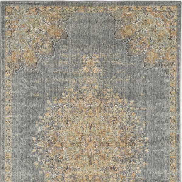 HomeRoots 8' Wool Medallion Distressed Runner Rug in Slate Gray and Orange - Vintage Charm for Any Space 7' X 10' 375301