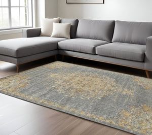 HomeRoots 8' Wool Medallion Distressed Runner Rug in Slate Gray and Orange - Vintage Charm for Any Space 7' X 10' 375301