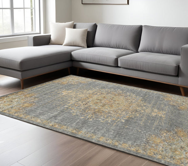 HomeRoots 8' Wool Medallion Distressed Runner Rug in Slate Gray and Orange - Vintage Charm for Any Space 7' X 10' 375301