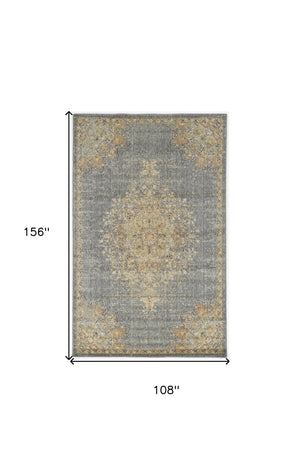 HomeRoots 8' Wool Medallion Distressed Runner Rug in Slate Gray and Orange - Vintage Charm for Any Space 9' X 13' 375302
