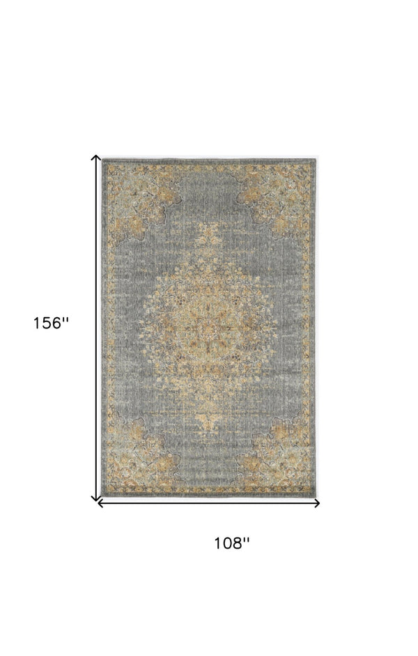 HomeRoots 8' Wool Medallion Distressed Runner Rug in Slate Gray and Orange - Vintage Charm for Any Space 9' X 13' 375302