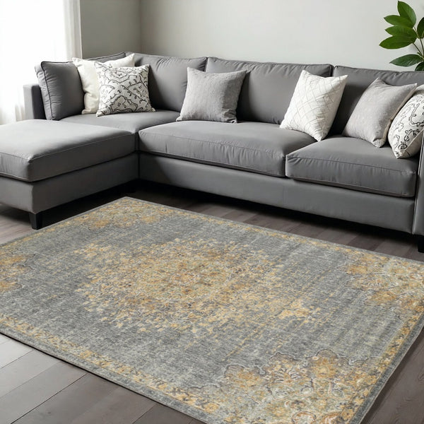 HomeRoots 8' Wool Medallion Distressed Runner Rug in Slate Gray and Orange - Vintage Charm for Any Space 9' X 13' 375302