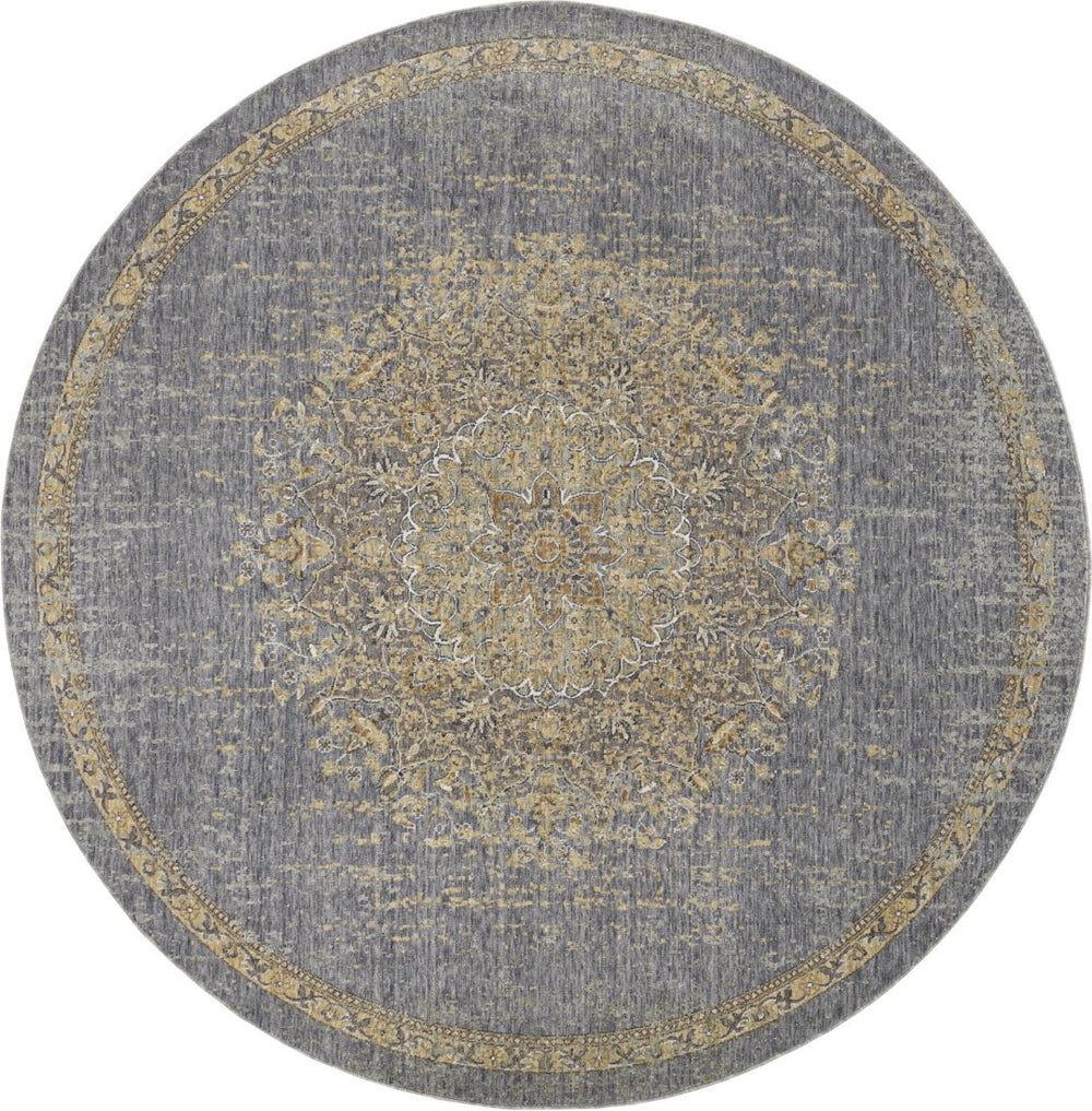 HomeRoots 9' Slate Gray and Orange Wool Medallion Rug - Vintage Charm for Cozy Living Spaces and Durability 9' Round 375303