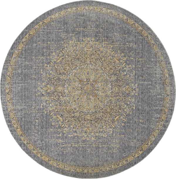 HomeRoots 9' Slate Gray and Orange Wool Medallion Rug - Vintage Charm for Cozy Living Spaces and Durability 9' Round 375303