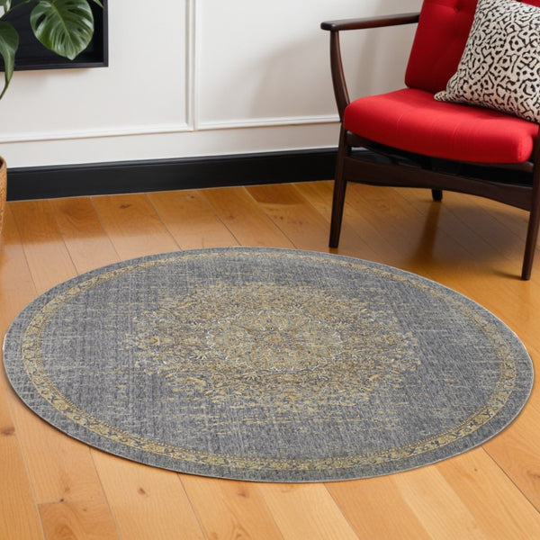 HomeRoots 9' Slate Gray and Orange Wool Medallion Rug - Vintage Charm for Cozy Living Spaces and Durability 9' Round 375303