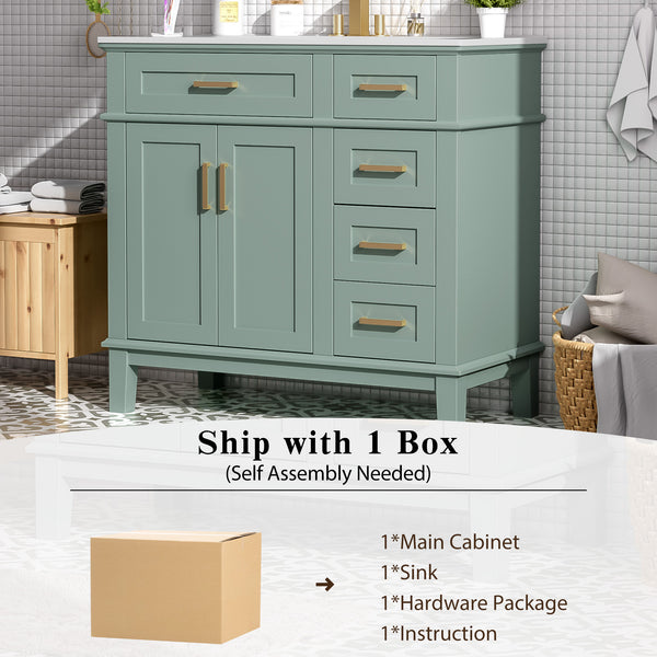 English Elm 36" Green Modern Bathroom Vanity with Ceramic Sink, 4 Soft-Close Drawers & Doors, Solid Wood Build N729P253935F