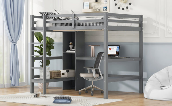 English Elm Full Size Loft Bed With Under-Bed Desk And Stylish Shelves For Space-Saving Bedroom Solutions N7090005004E