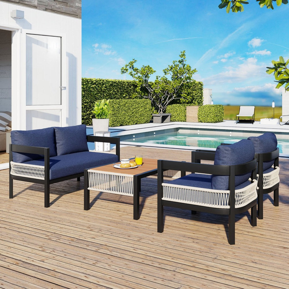 English Elm U_style Outdoor Iron Frame Pe Wicker Sofa Set with Cushions for Patio Garden WY000434AAV