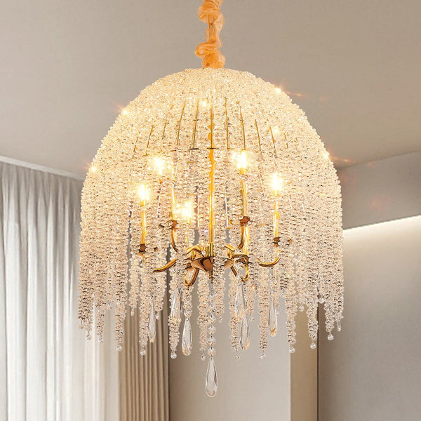 English Elm 20 6-Light K9 Crystal Pendant Chandelier, Gold Waterfall Bead Strings, Adjustable Height, Elegant W2312P368720