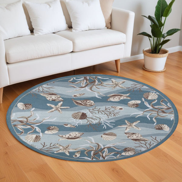 Homeroots 8' Blue And Beige Round Hand Tufted Area Rug  Polyester 375435