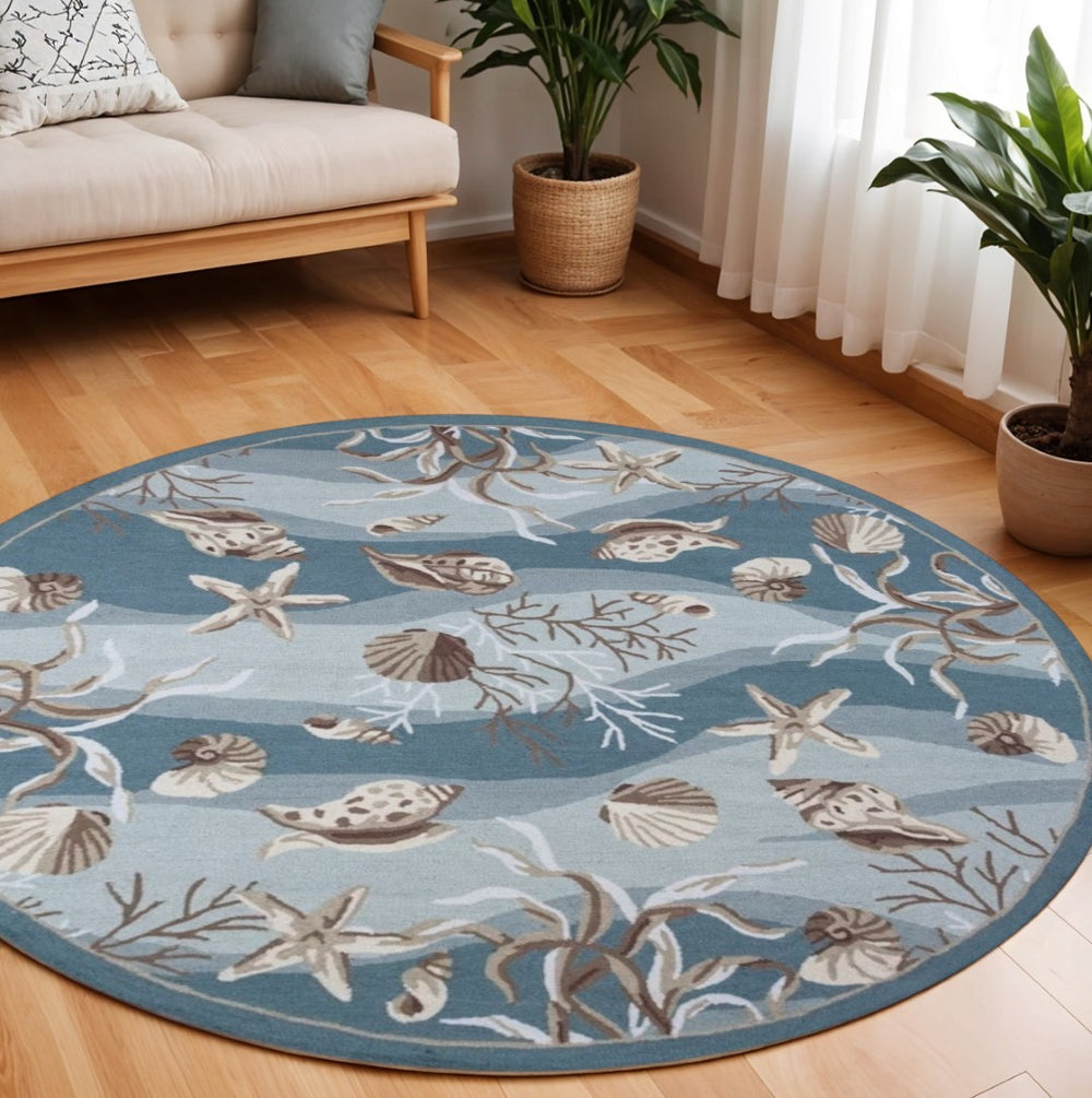 HomeRoots 8' Coastal Seashell and Coral Hand-Tufted Area Rug in Beige, Ivory, and Brown for Elegant Spaces 8' Round 375435