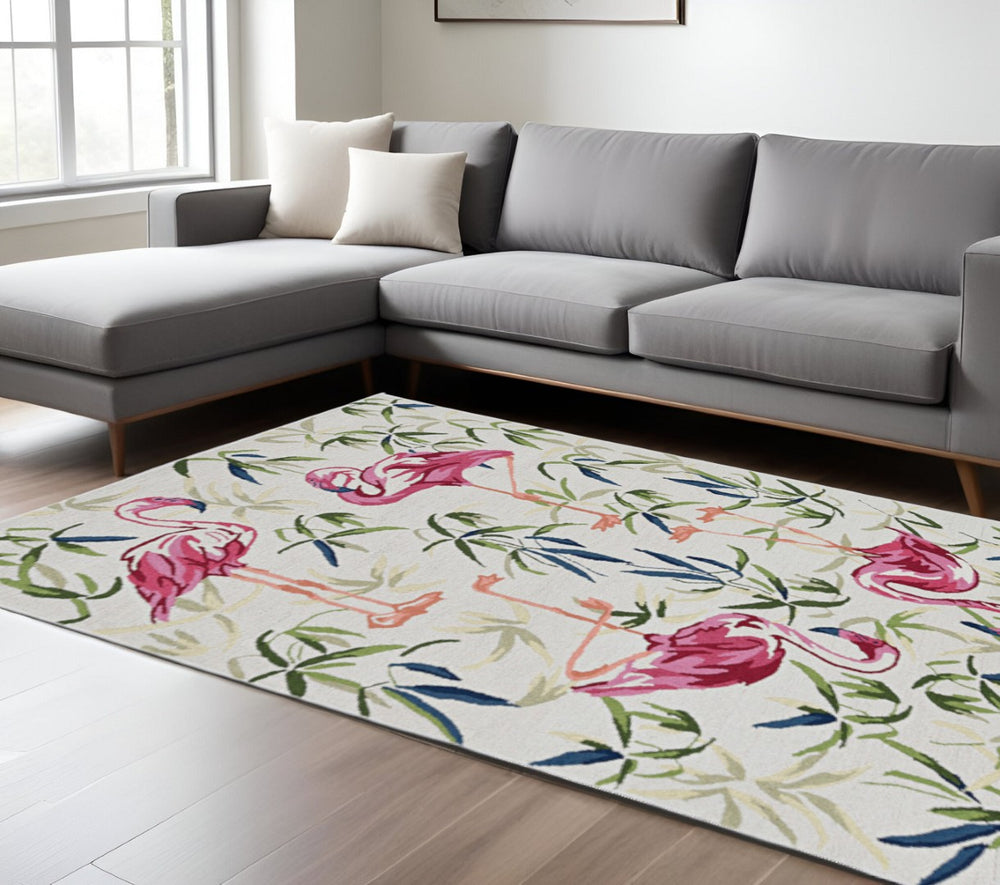 HomeRoots 8' Hand Hooked Ivory and Pink Flamingo Area Rug – Stylish, Durable Design for Any Room Decor 8' X 10' 375443