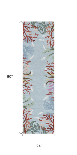 Homeroots 8' Blue Hand Hooked Bordered Coral Reef Indoor Runner Rug  Polyester 375446