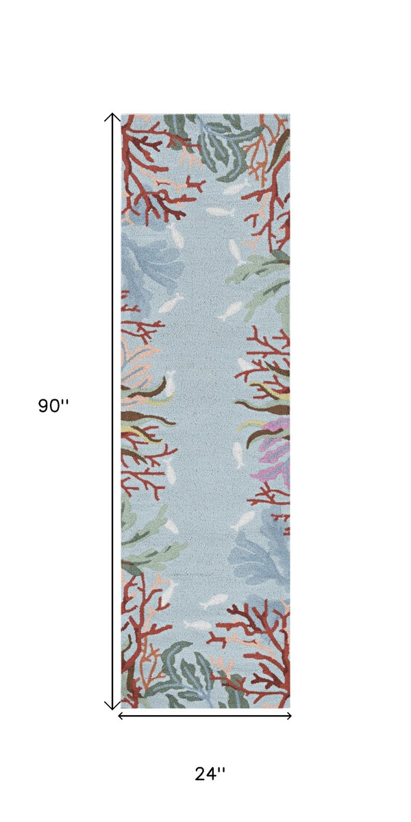 Homeroots 8' Blue Hand Hooked Bordered Coral Reef Indoor Runner Rug  Polyester 375446