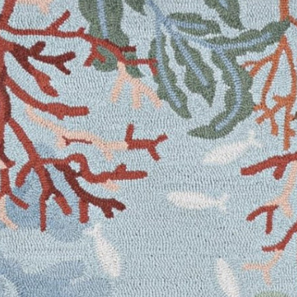 Homeroots 8' Blue Hand Hooked Bordered Coral Reef Indoor Runner Rug  Polyester 375446