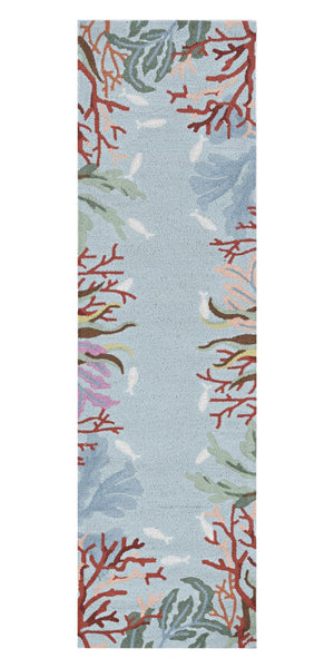 Homeroots 8' Blue Hand Hooked Bordered Coral Reef Indoor Runner Rug  Polyester 375446