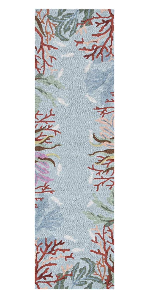Homeroots 8' Blue Hand Hooked Bordered Coral Reef Indoor Runner Rug  Polyester 375446