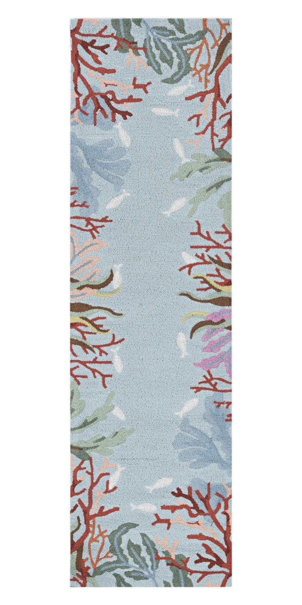 Homeroots 8' Blue Hand Hooked Bordered Coral Reef Indoor Runner Rug  Polyester 375446
