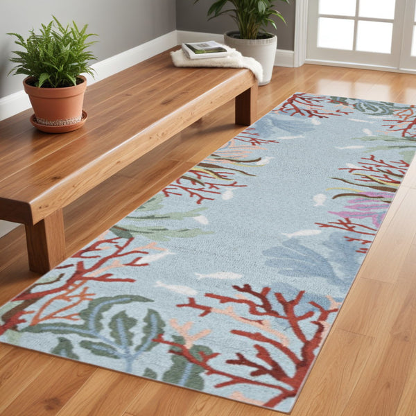 Homeroots 8' Blue Hand Hooked Bordered Coral Reef Indoor Runner Rug  Polyester 375446