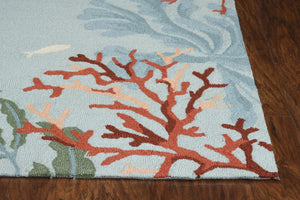 Homeroots 5' X 8' Blue Fish And Coral Hand Hooked Area Rug  Polyester 375448