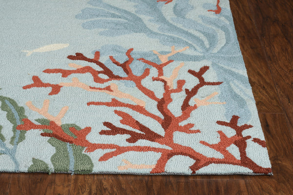 Homeroots 5' X 8' Blue Fish And Coral Hand Hooked Area Rug  Polyester 375448