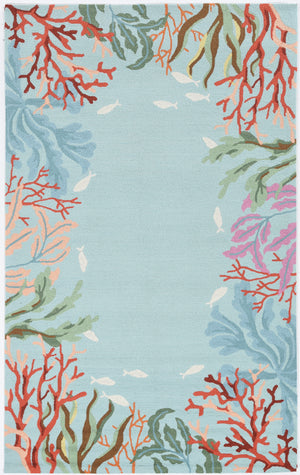Homeroots 5' X 8' Blue Fish And Coral Hand Hooked Area Rug  Polyester 375448