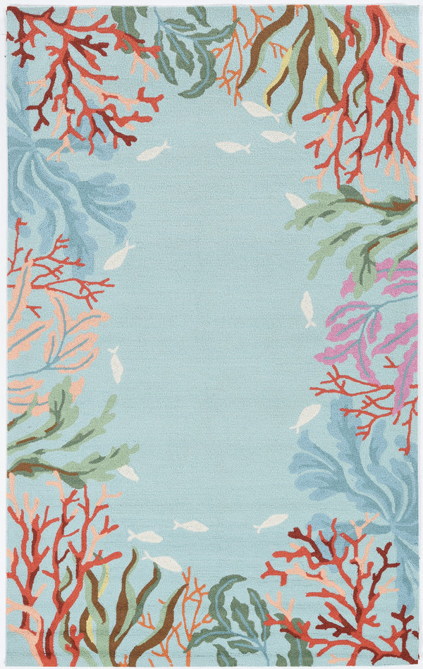 Homeroots 5' X 8' Blue Fish And Coral Hand Hooked Area Rug  Polyester 375448