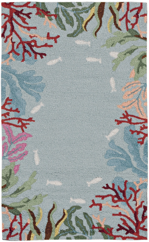 Homeroots 5' X 8' Blue Fish And Coral Hand Hooked Area Rug  Polyester 375448