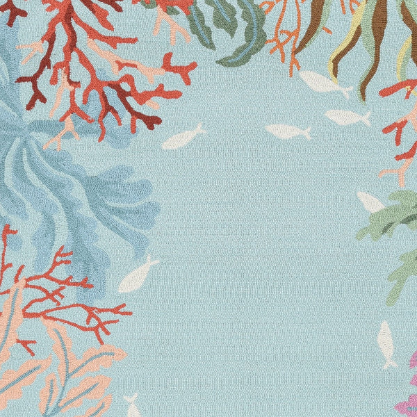 Homeroots 5' X 8' Blue Fish And Coral Hand Hooked Area Rug  Polyester 375448