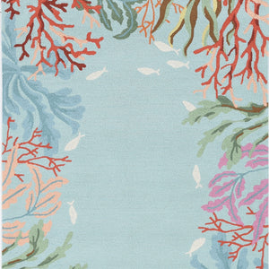 Homeroots 5' X 8' Blue Fish And Coral Hand Hooked Area Rug  Polyester 375448
