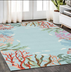 Homeroots 5' X 8' Blue Fish And Coral Hand Hooked Area Rug  Polyester 375448