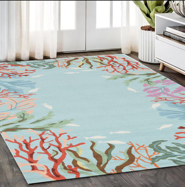 Homeroots 5' X 8' Blue Fish And Coral Hand Hooked Area Rug  Polyester 375448