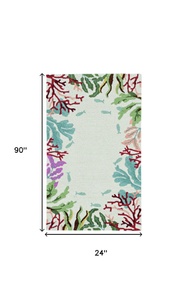 HomeRoots 7' Hand-Hooked Coastal Fish and Coral Runner Rug in Vibrant Blue, Red, and Green - Artisan Crafted Charm 7' Runner 375453