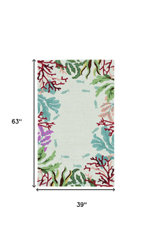 HomeRoots 7' Hand-Hooked Coastal Fish and Coral Runner Rug in Vibrant Blue, Red, and Green - Artisan Crafted Charm 3' X 5' 375454