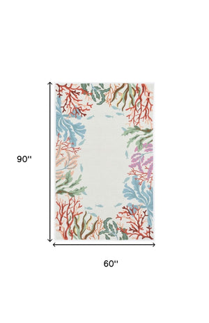 HomeRoots 5' Hand-Tufted Area Rug with Coastal Fish and Coral Design in Ivory, Red, and Pink for Your Home 5' X 7' 375455